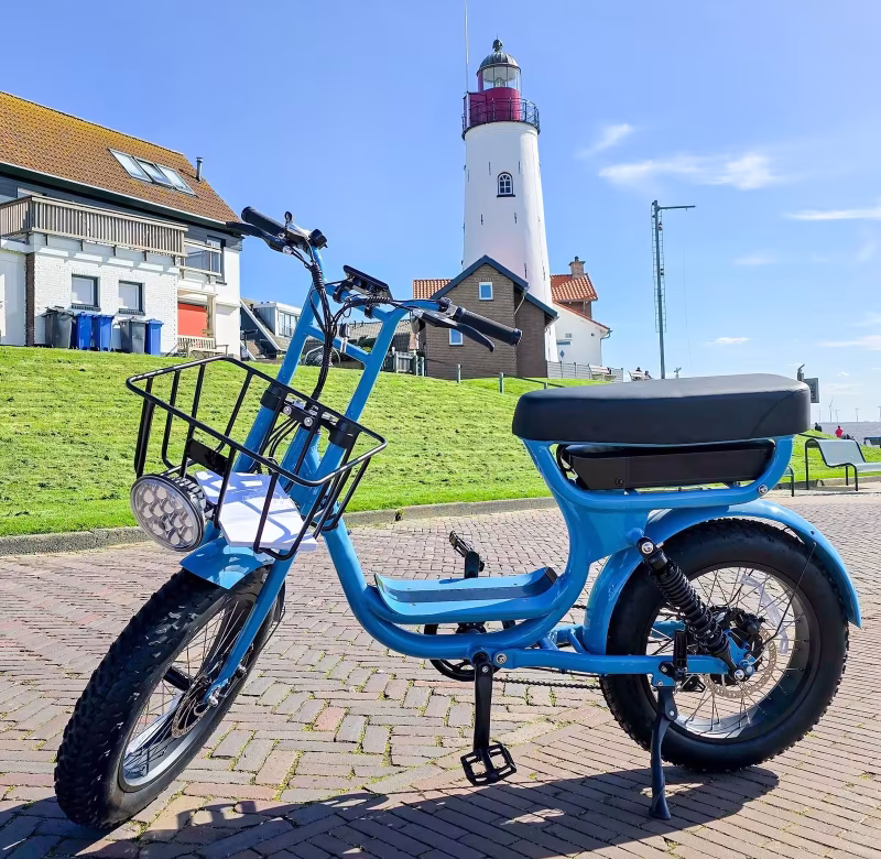 electric green bike bicycle on a beautiful bright day Netherlands Urk, blue electric fatbike